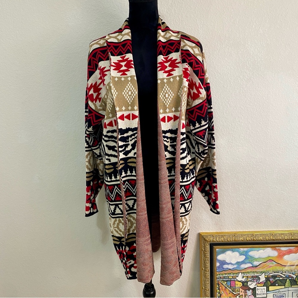 Shannon Passero Aztec Open Front Cardigan Boho Southwestern 100% Cotton No Belt